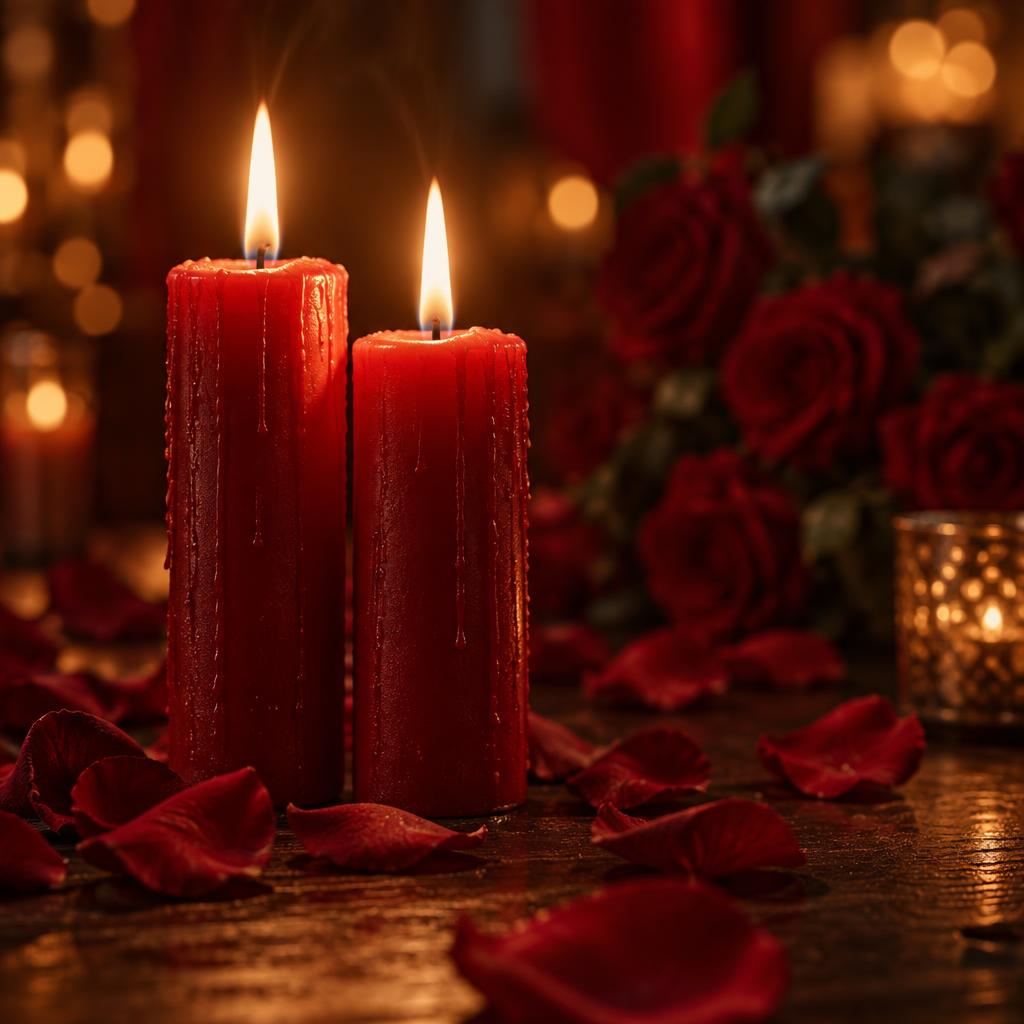Duas velas vermelhas acesas em um cenário romântico com pétalas de rosa